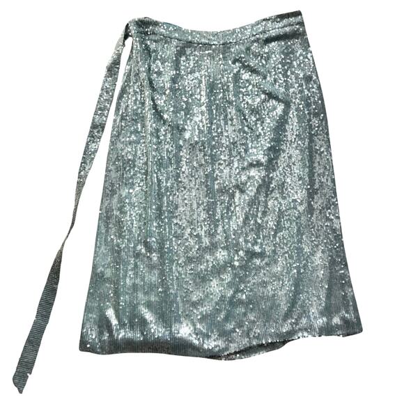Sally LaPointe Blue Steel Sequin Viscose Belted Wrap Midi Skirt size 18 NEW Tags - Picture 1 of 12